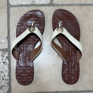 Tory Burch Cream and Brown Flip Flops